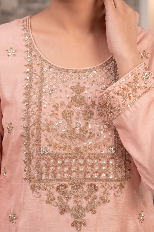 Peach Chinon Hand Work Beads Palazzo Suit