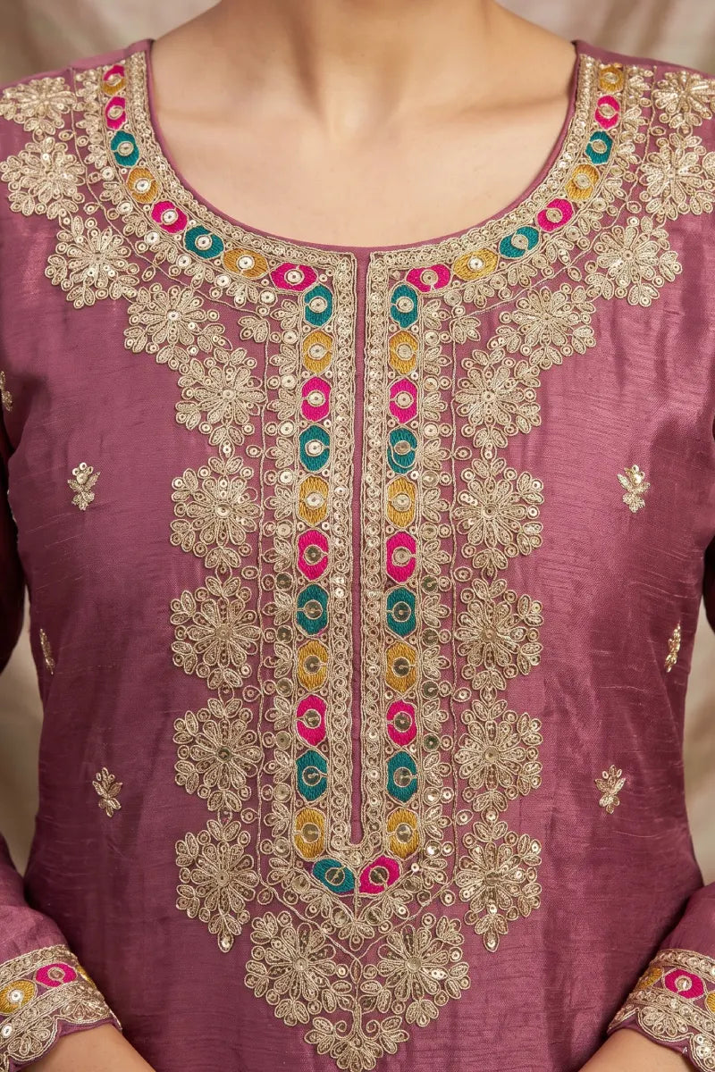 Gajari Pink Chinon Heavy Embroidered Palazzo Suit