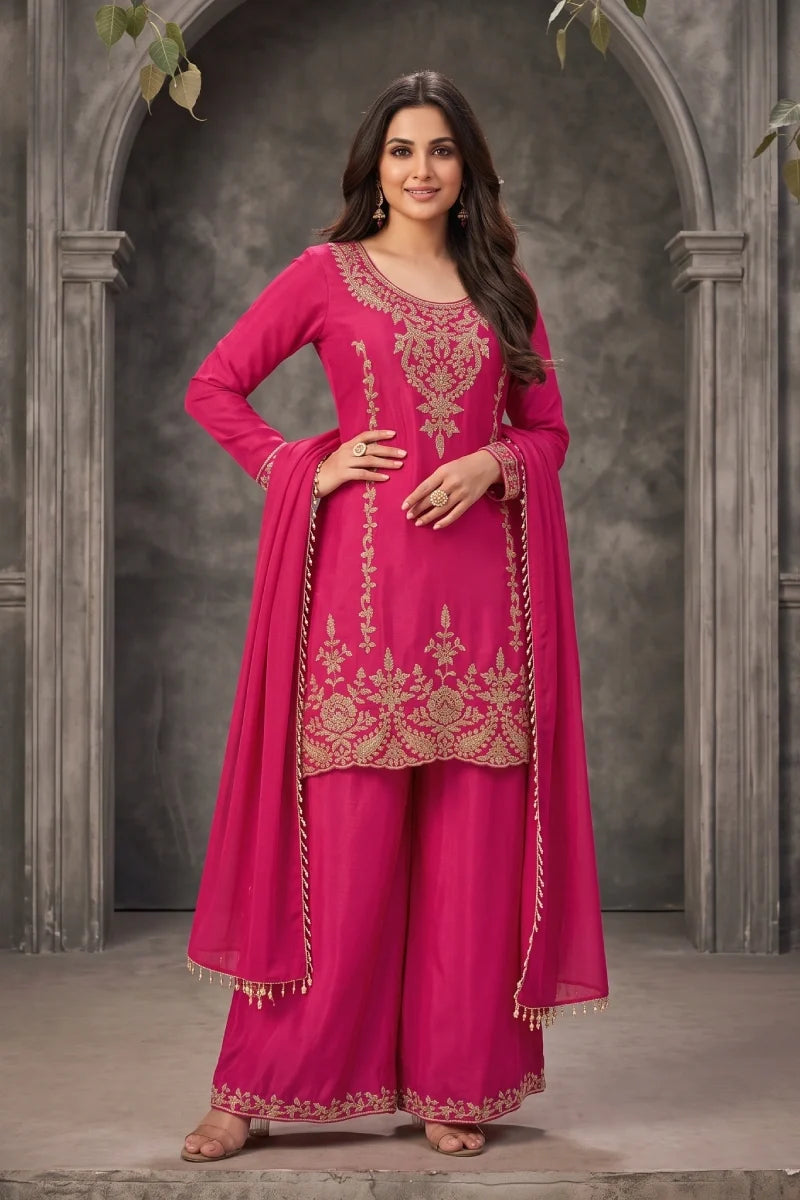 Pink Chinon Beads Work Palazzo Suit
