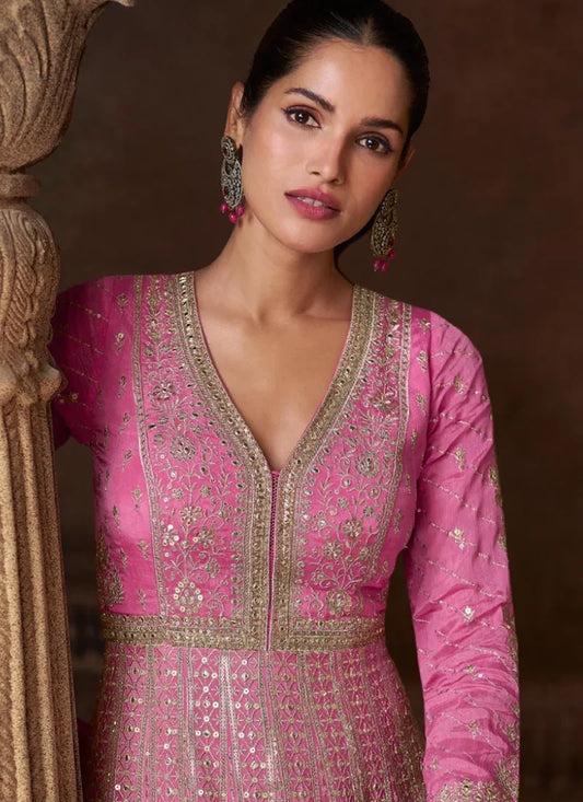 Pink Chinon Embroidered Anarkali Gown