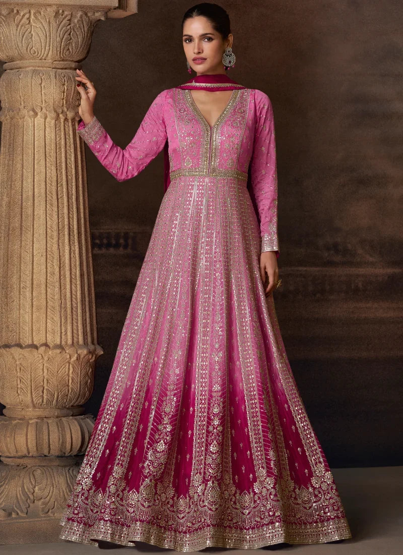 Pink Chinon Embroidered Anarkali Gown