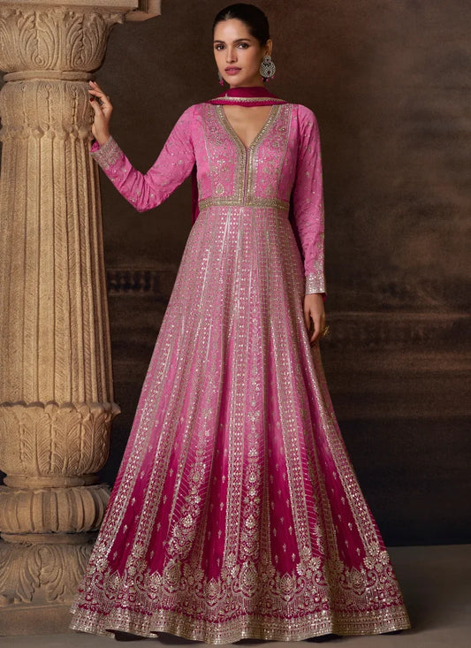 Pink Chinon Embroidered Anarkali Gown