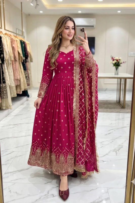 Red Jelly Simmar Silk Embroidered Anarkali Suit with Dupatta