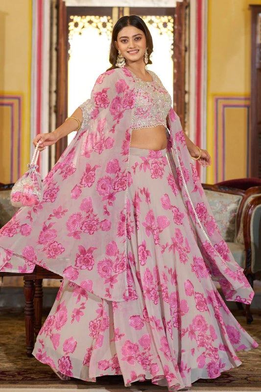 Pink Floral Georgette Embroidered Legenga Choli with Cape
