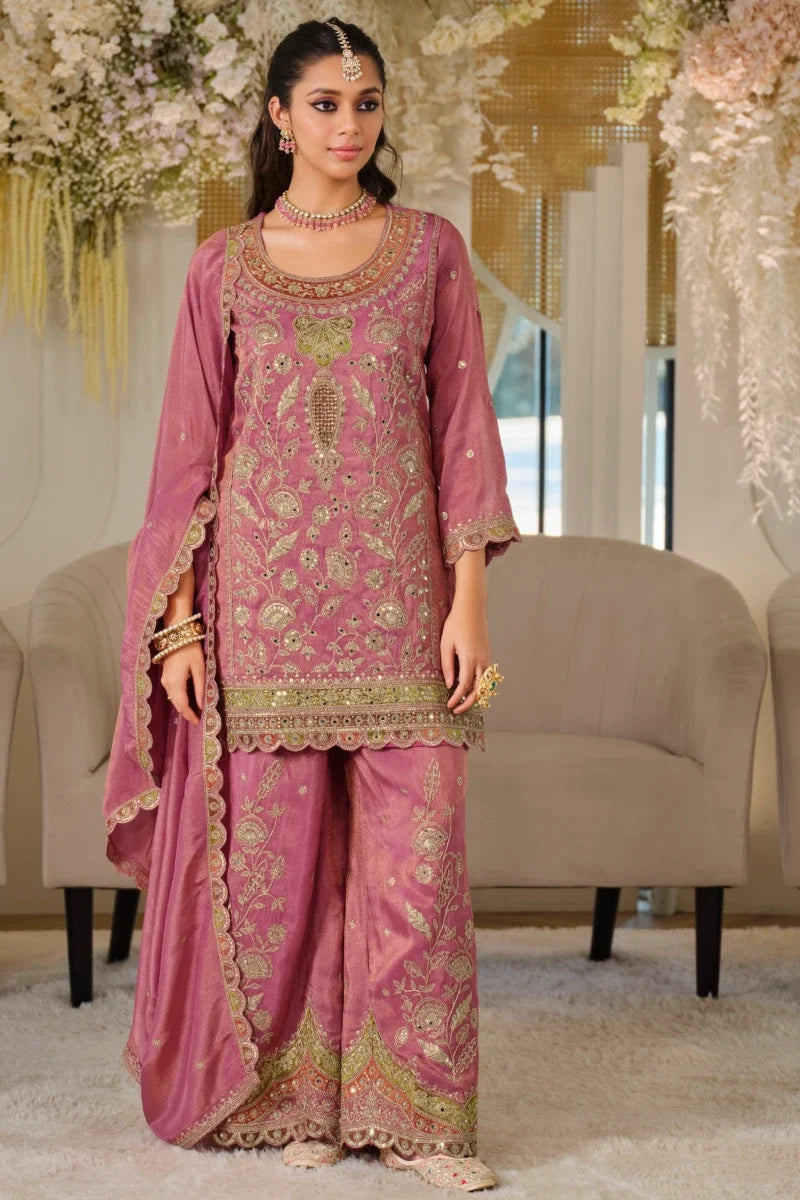 Pink Dola Silk Embroidered Palazzo Suit