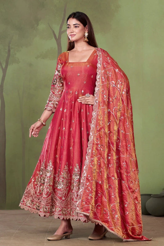 Red Jelly Simmar Silk Embroidered Anarkali Suit with Dupatta