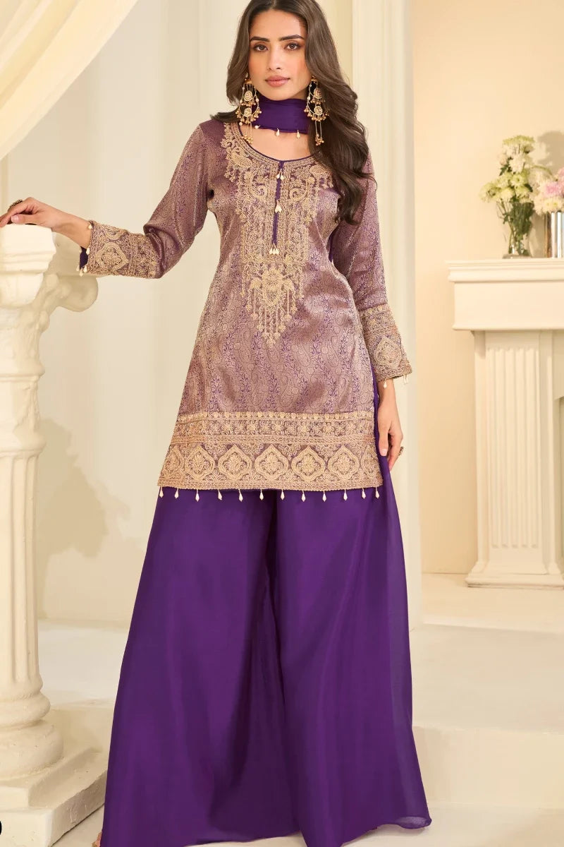 Purple Brocade Silk Beads Work Palazzo Suit
