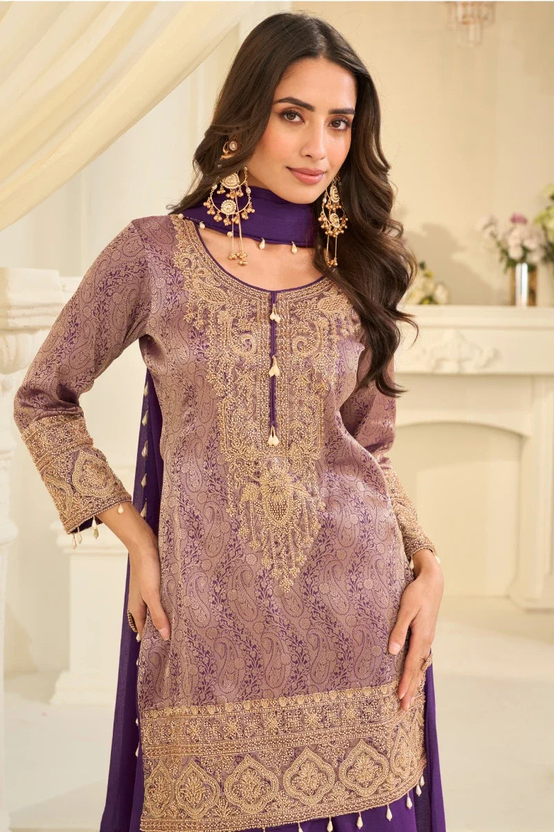 Purple Brocade Silk Beads Work Palazzo Suit