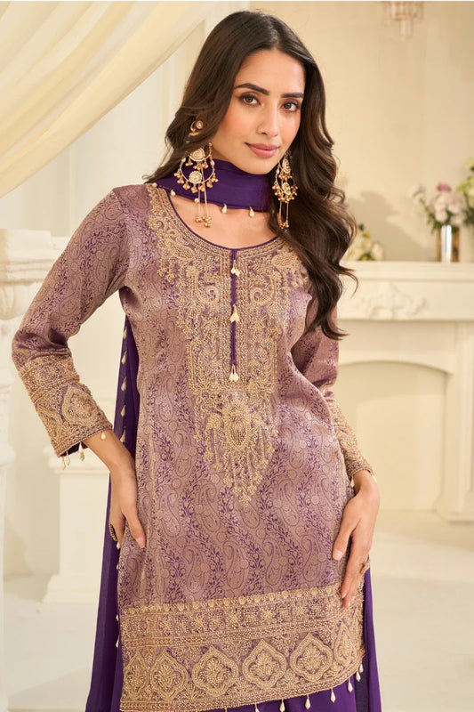 Purple Brocade Silk Beads Work Palazzo Suit