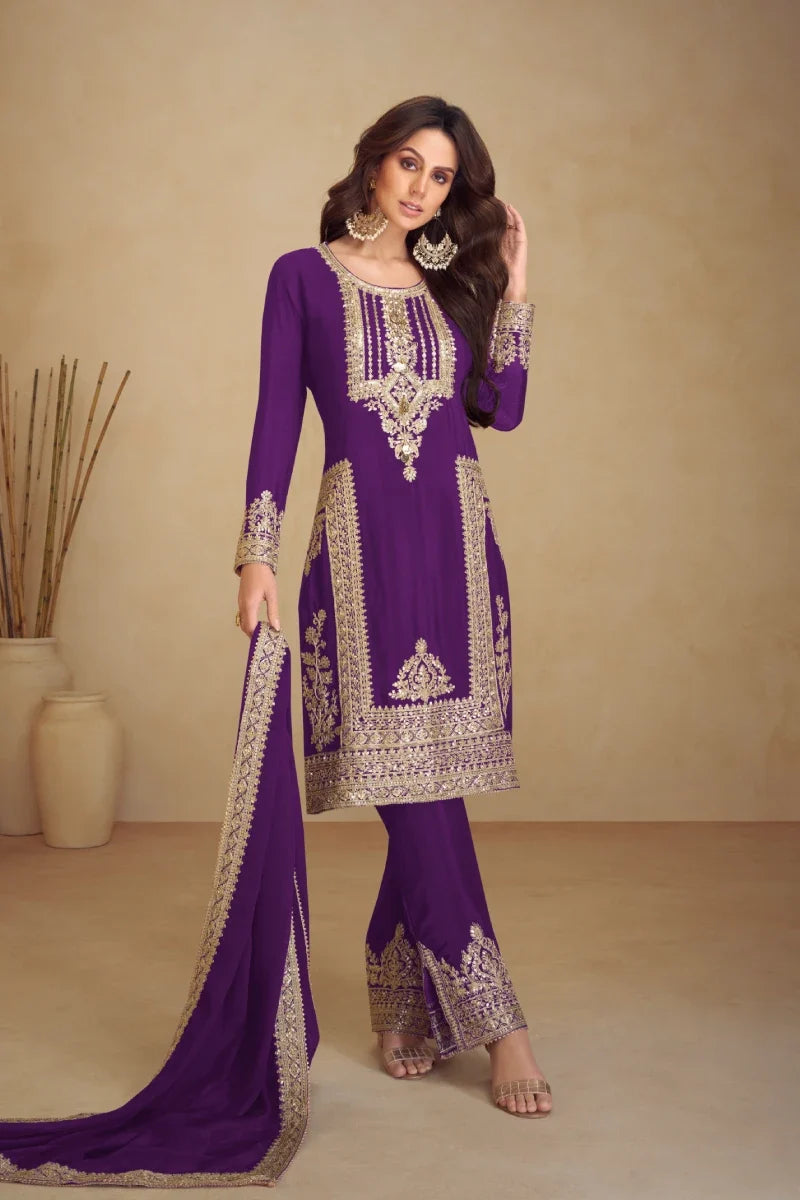 Purple Embroidered Chinon Salwar Suit with Dupatta