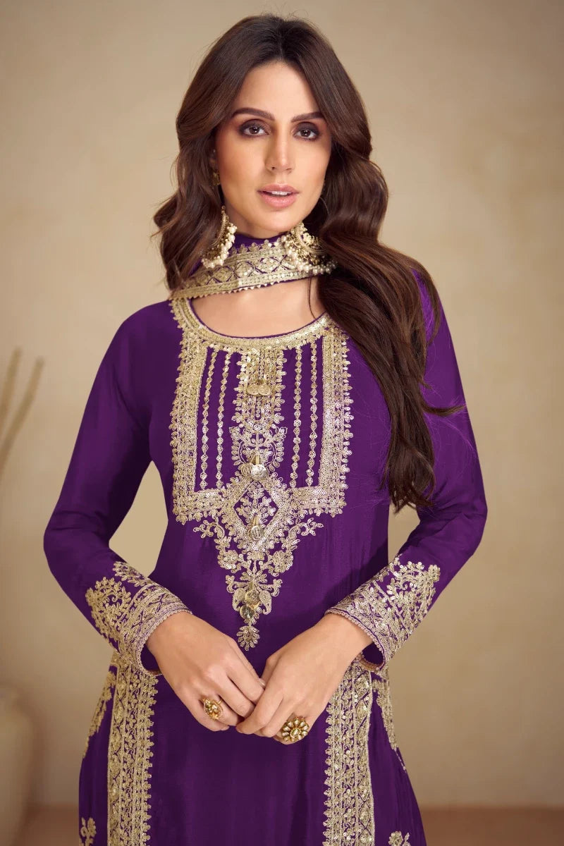 Purple Embroidered Chinon Salwar Suit with Dupatta