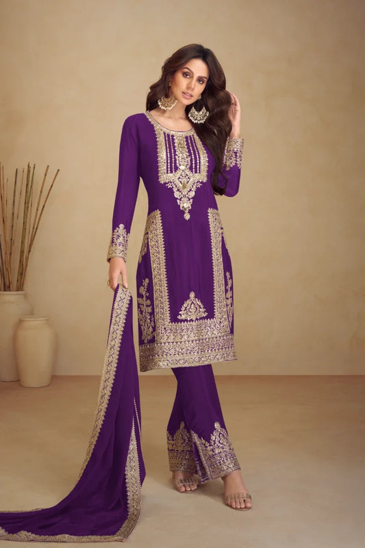 Purple Embroidered Chinon Salwar Suit with Dupatta