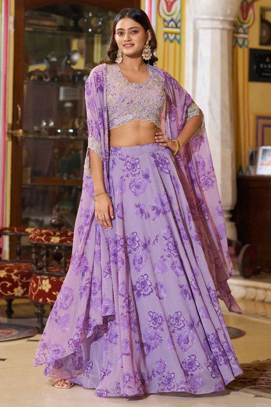 Purple Floral Georgette Embroidered Legenga Choli with Cape