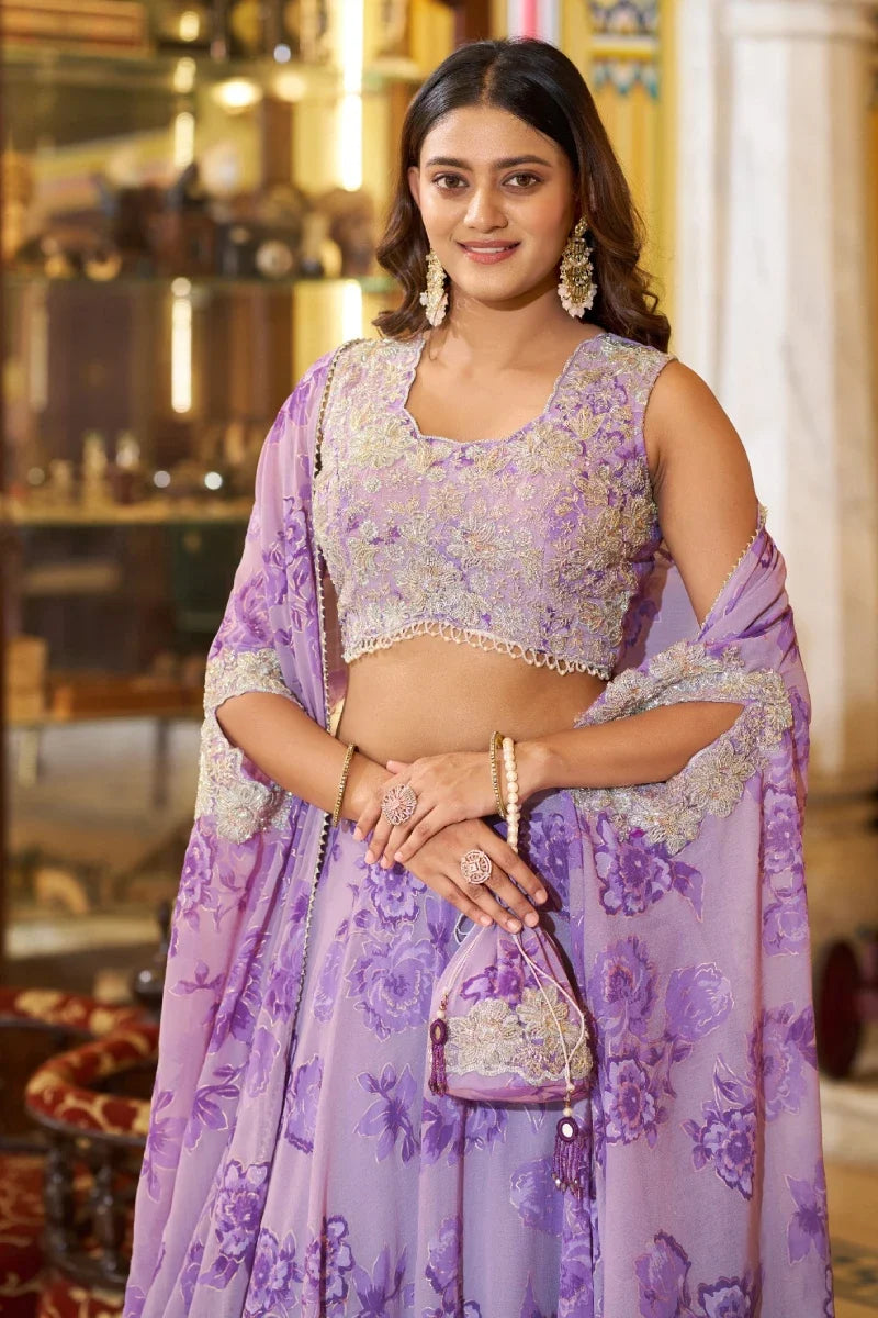 Purple Floral Georgette Embroidered Legenga Choli with Cape