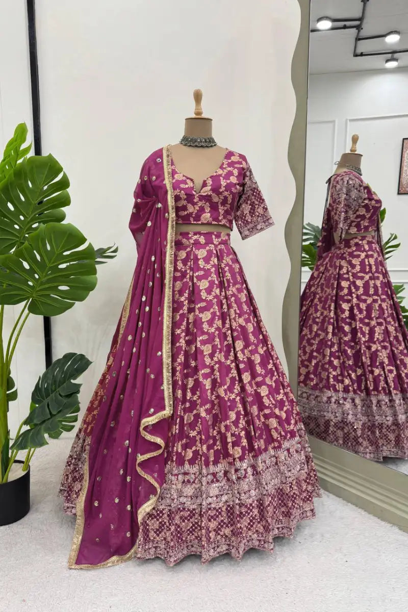 Wine Jacquard Silk Lehenga Choli