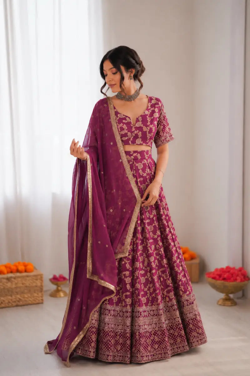 Wine Jacquard Silk Lehenga Choli