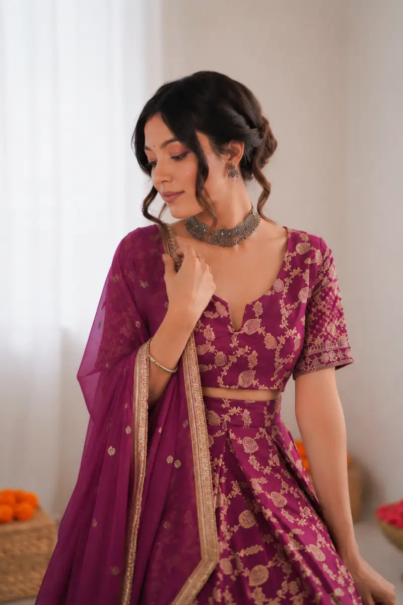 Wine Jacquard Silk Lehenga Choli