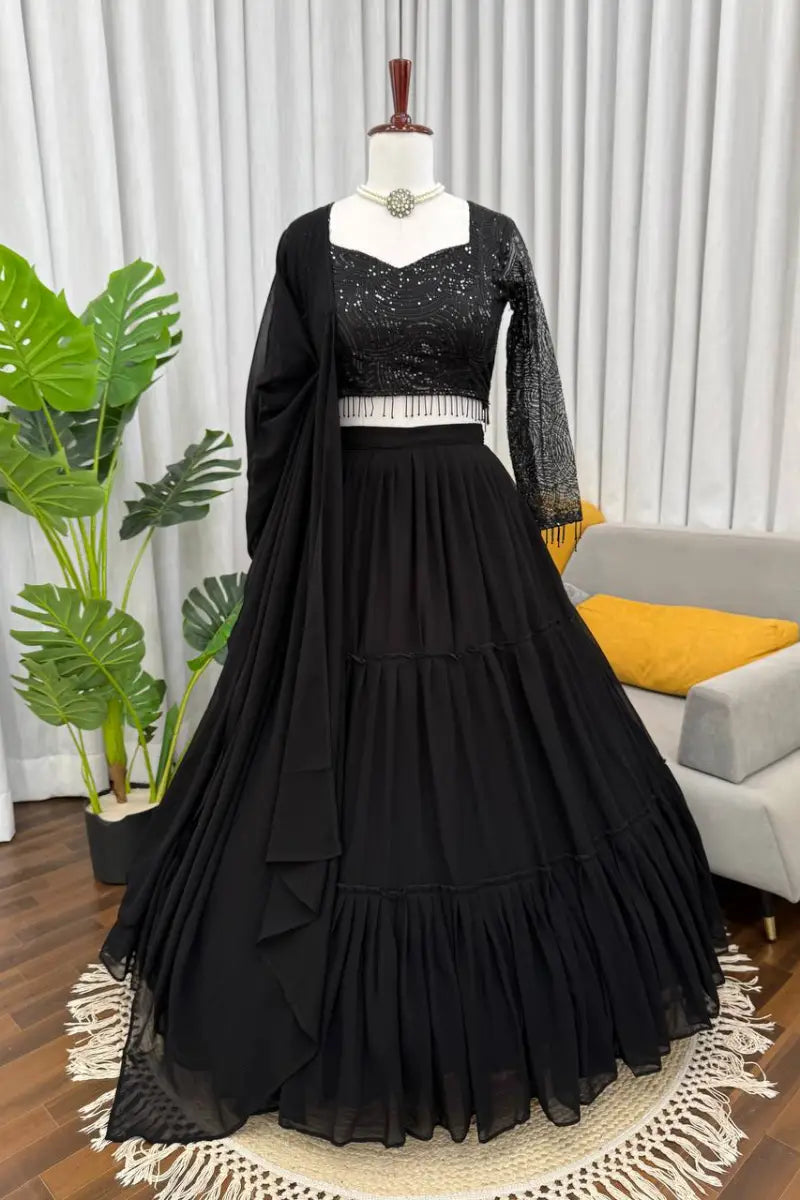 Black Georgette Embroidered Lehenga Choli Set