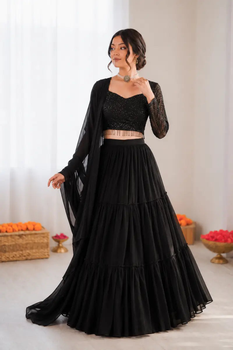 Black Georgette Embroidered Lehenga Choli Set