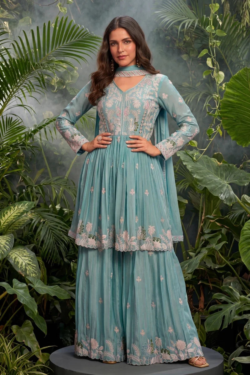 Sea Blue Chinon Embroidered Sharara with Tunic