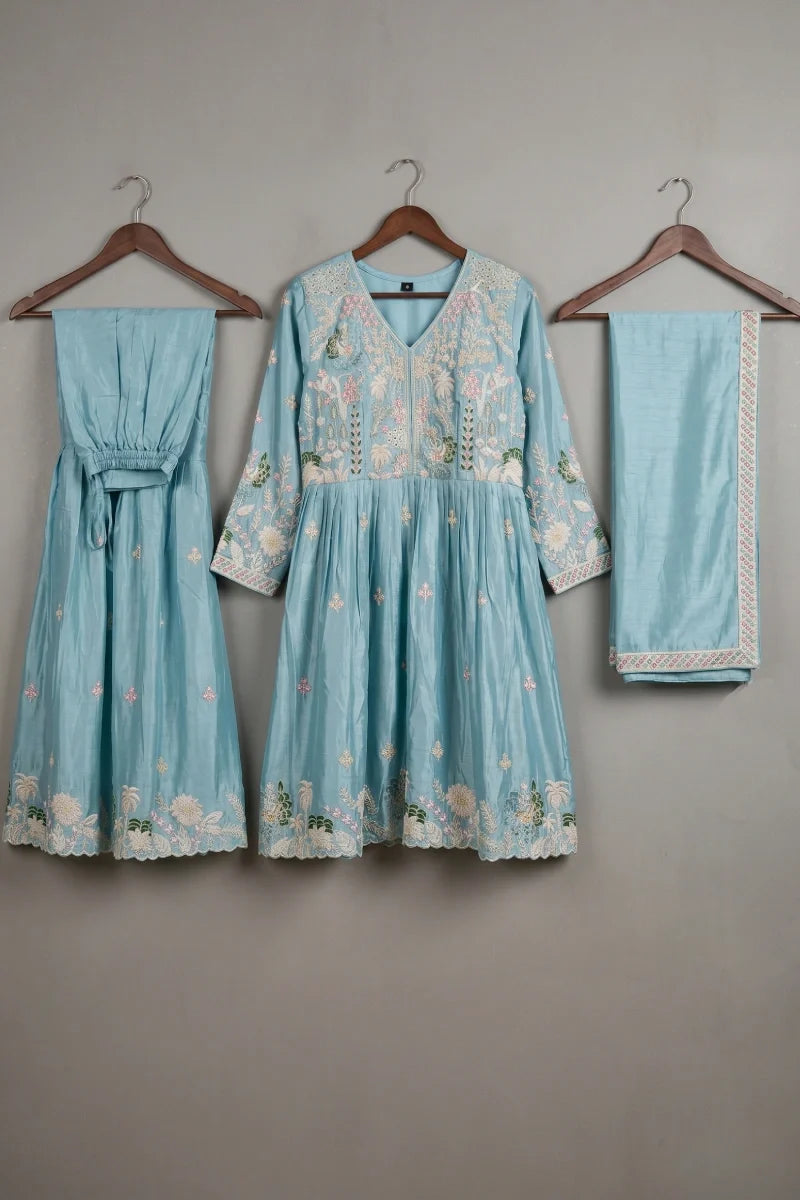 Sea Blue Chinon Embroidered Sharara with Tunic