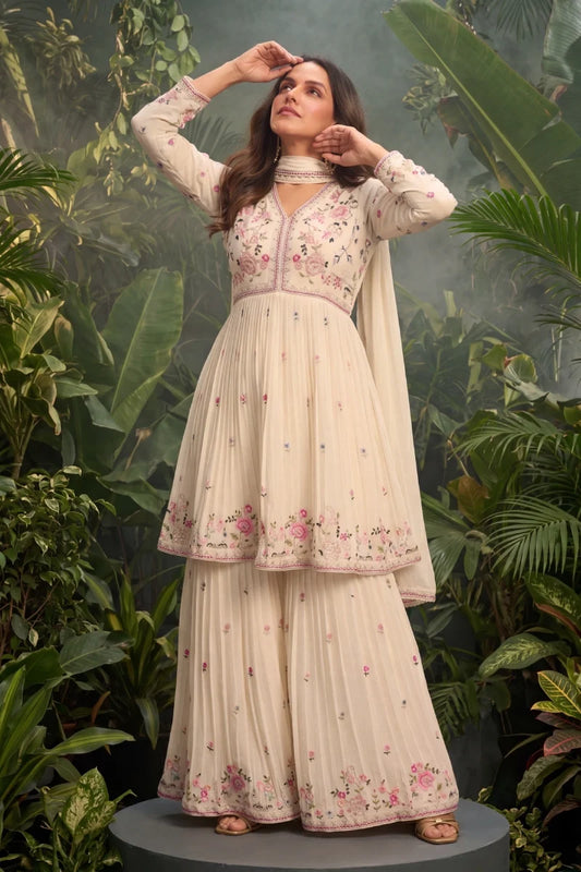 Cream Chinon Embroidered Sharara with Tunic