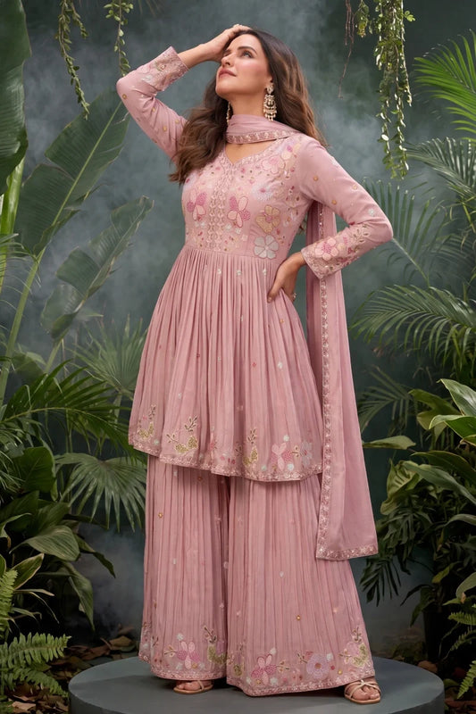 Pink Chinon Embroidered Sharara with Tunic