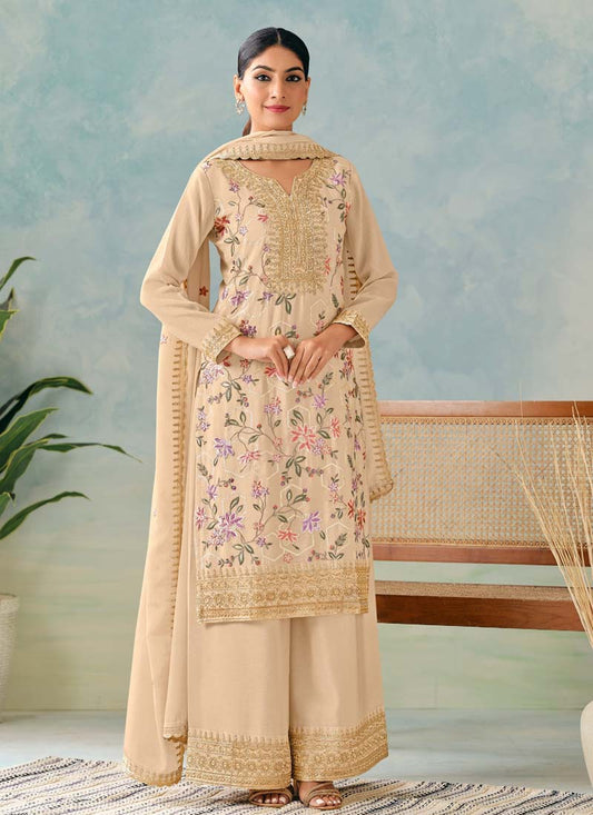 Cream Premium Chinon Embroidered Plazzo Suit