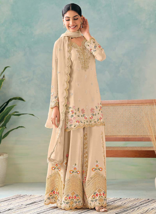 Designer Cream Chinon Palazzo Suit with Embroidery