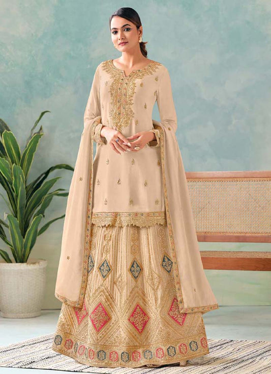 Elegant Cream Embroidered Chinon Palazzo Suit