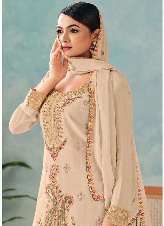 Premium Cream Chinon Floral Embroidered Palazzo Suit