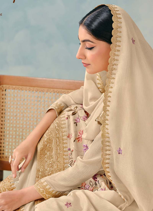 Cream Premium Chinon Embroidered Plazzo Suit