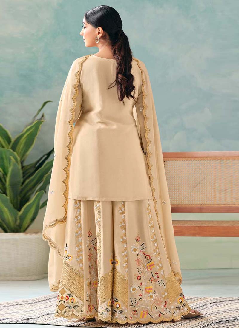 Designer Cream Chinon Palazzo Suit with Embroidery