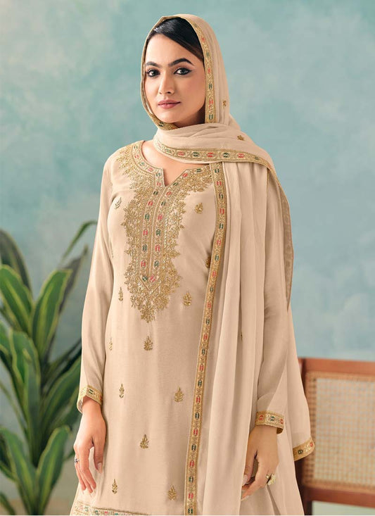 Elegant Cream Embroidered Chinon Palazzo Suit