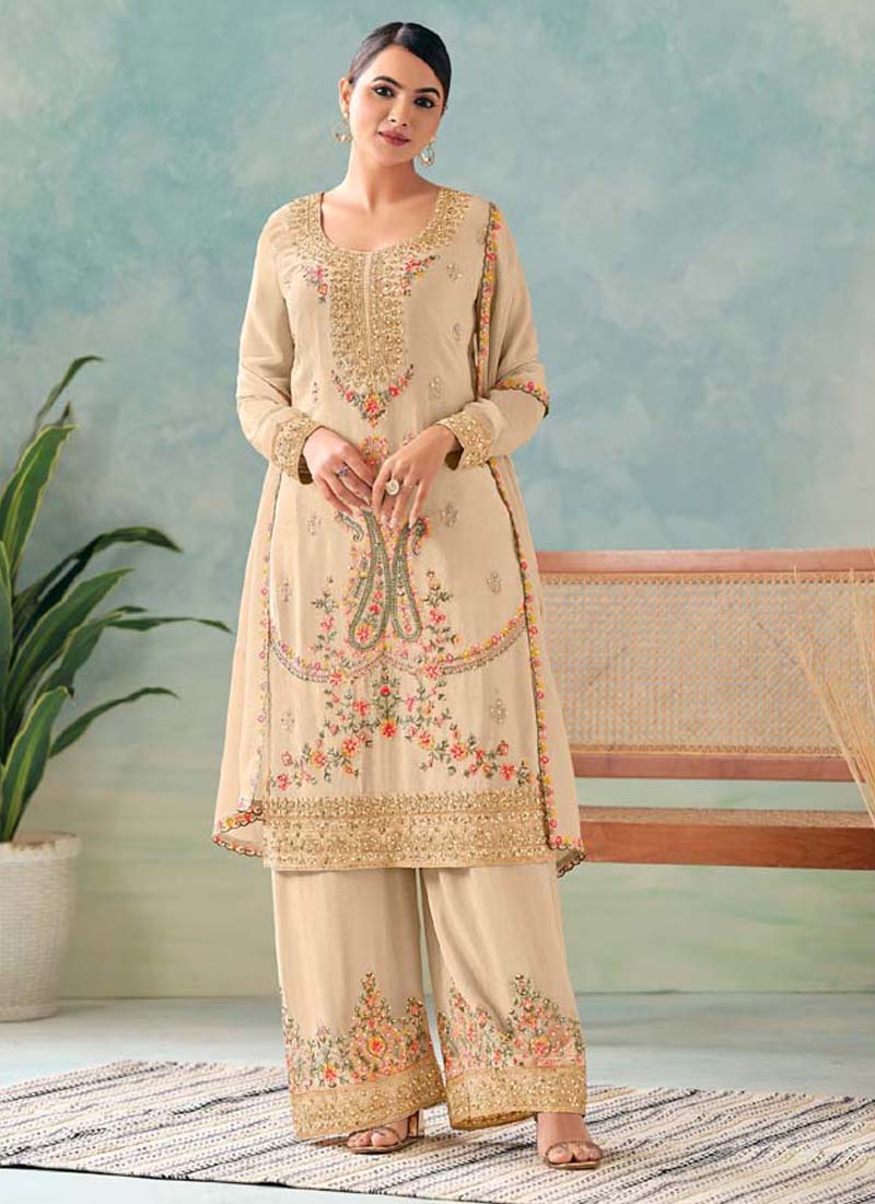 Premium Cream Chinon Floral Embroidered Palazzo Suit