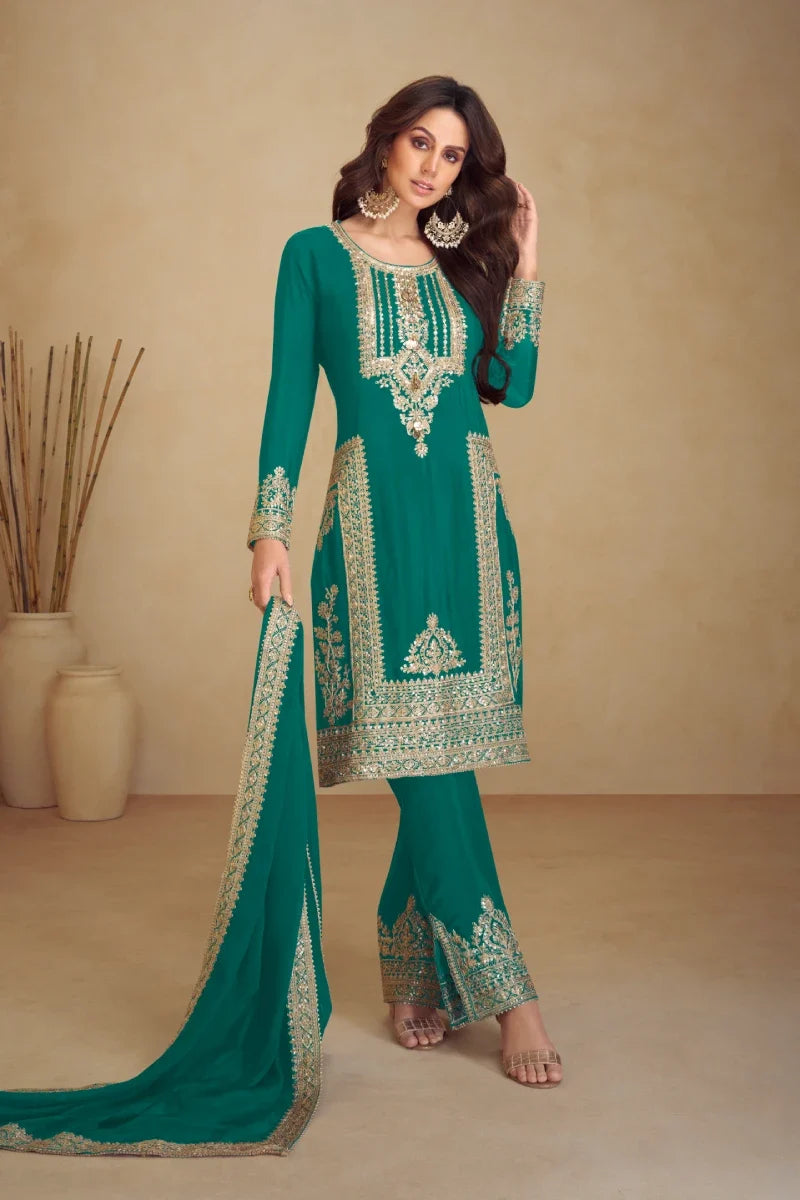 Green Embroidered Chinon Salwar Suit with Dupatta
