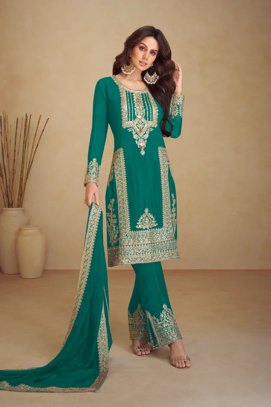 Green Embroidered Chinon Salwar Suit with Dupatta