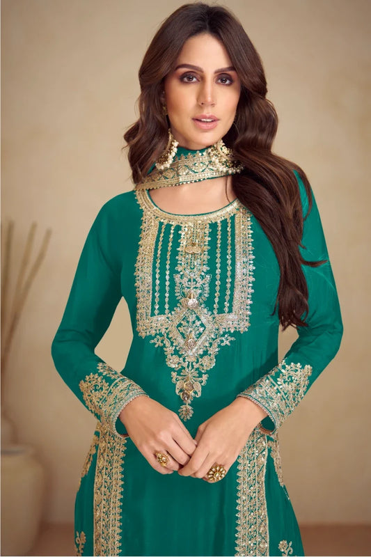 Green Embroidered Chinon Salwar Suit with Dupatta