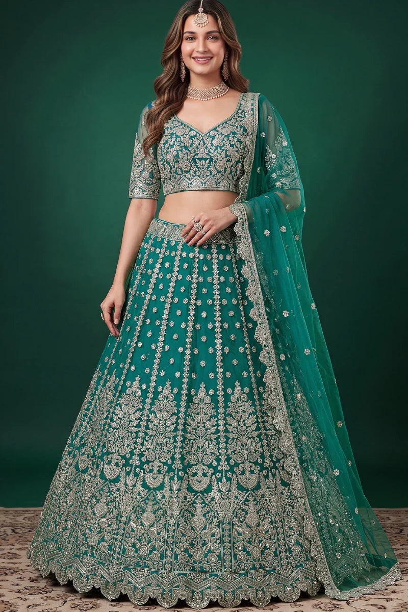 Rama Green Soft Net Embroidered Lehenga Choli