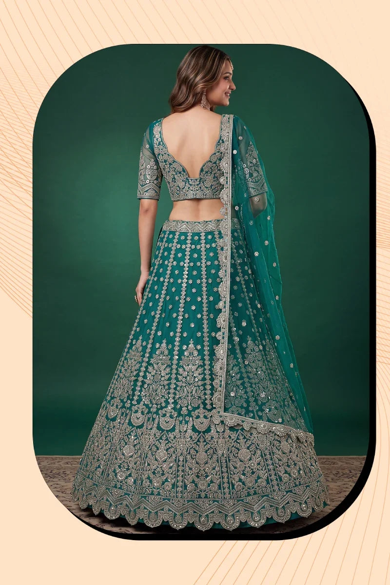 Rama Green Soft Net Embroidered Lehenga Choli
