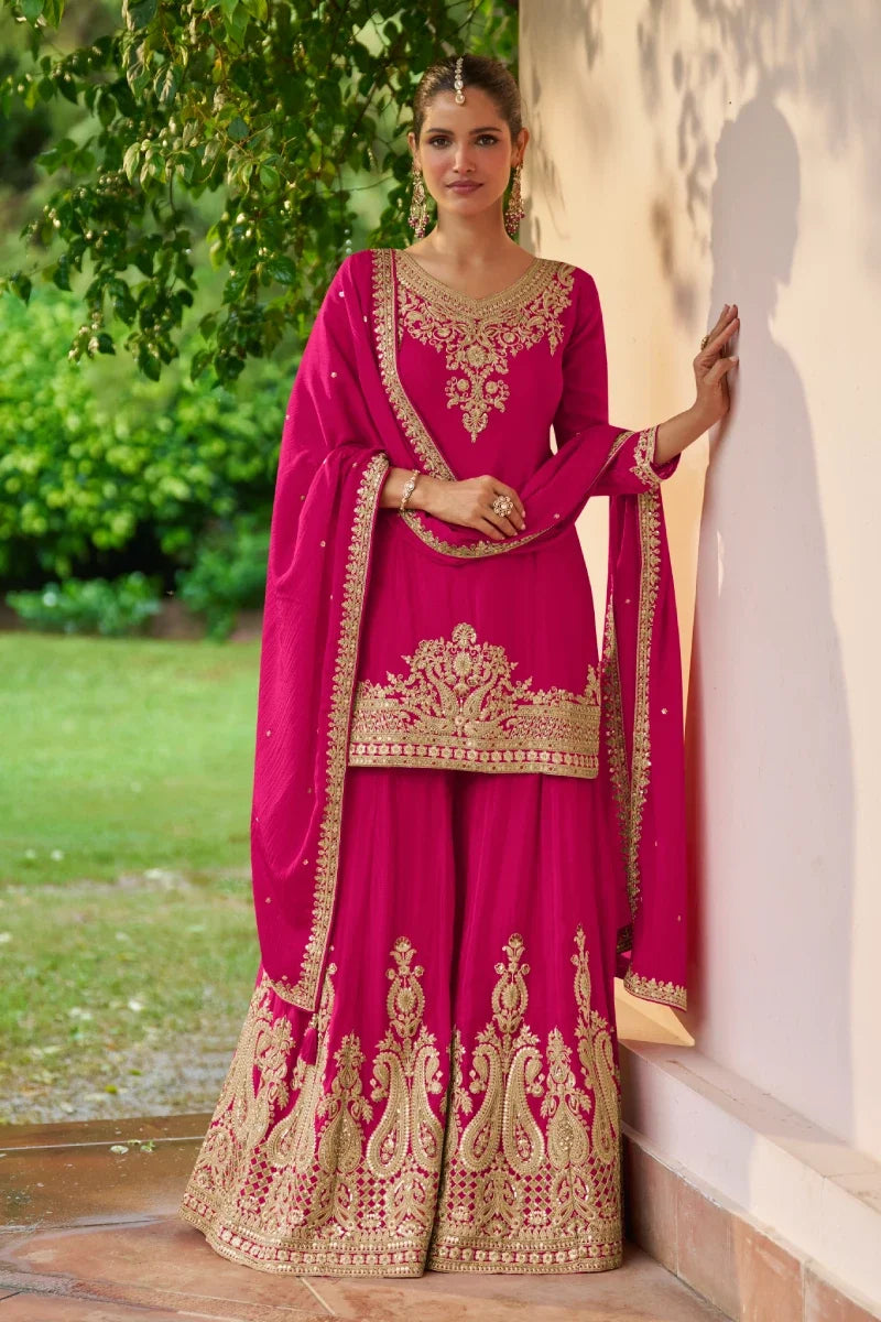 Rani Pink Heavy Embroidered Chinon Palazzo Suit with Dupatta