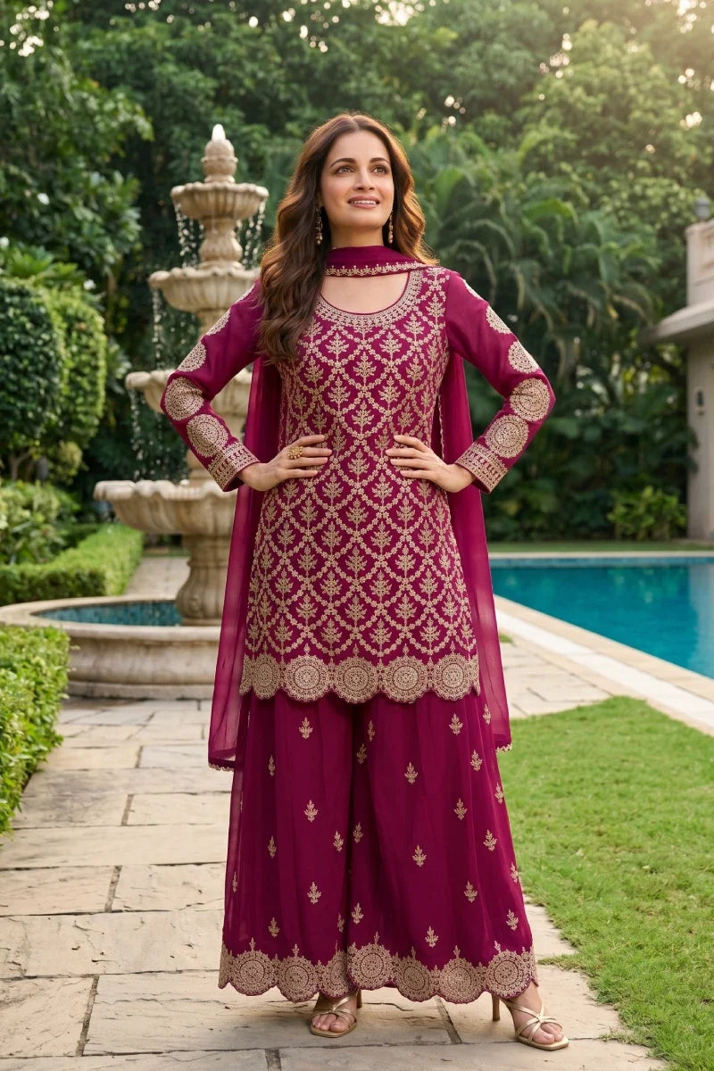 Rani Pink Premium Chinon Embroidered Palazzo Suit