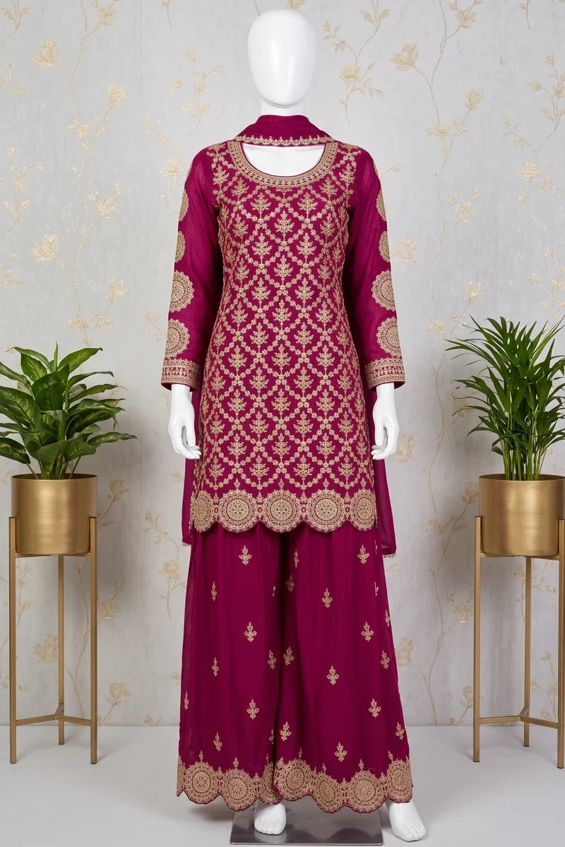 Rani Pink Premium Chinon Embroidered Palazzo Suit