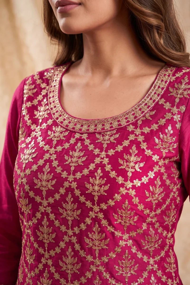 Rani Pink Premium Chinon Embroidered Palazzo Suit