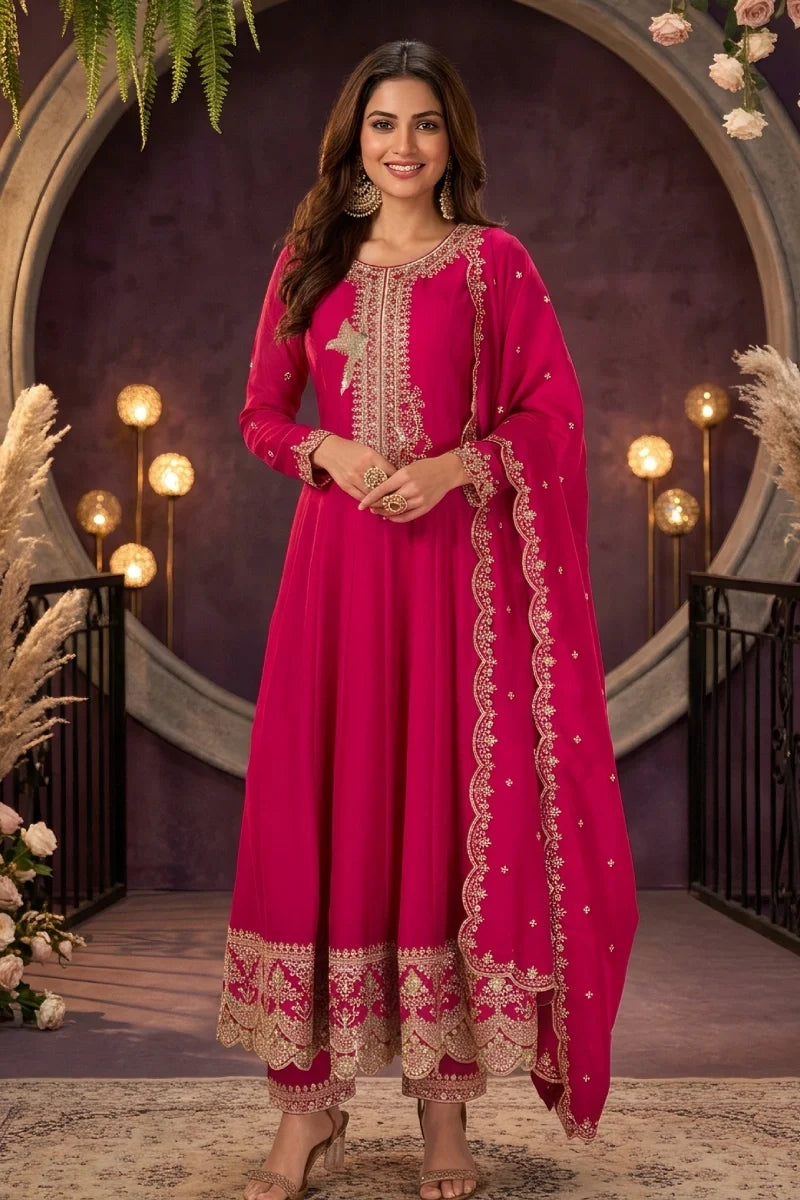Rani Pink Silk Embroidered Premium Anarkali Suit