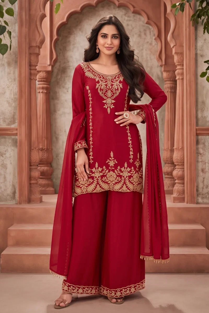 Red Chinon Beads Work Palazzo Suit