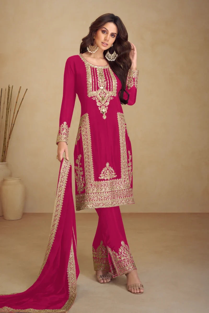 Red Embroidered Chinon Salwar Suit with Dupatta