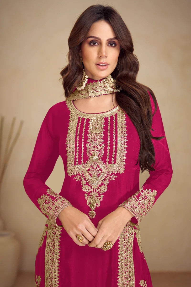 Red Embroidered Chinon Salwar Suit with Dupatta