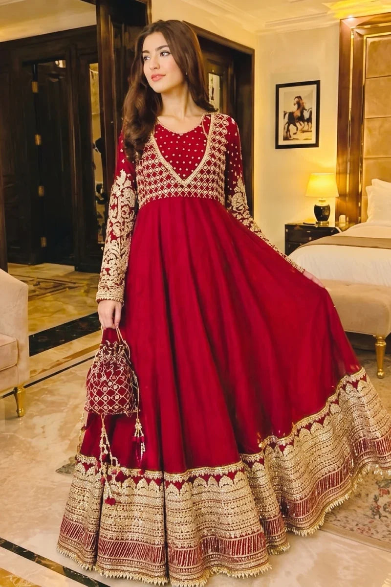 Red Embroidered Georgette Anarkali Suit with Dupatta