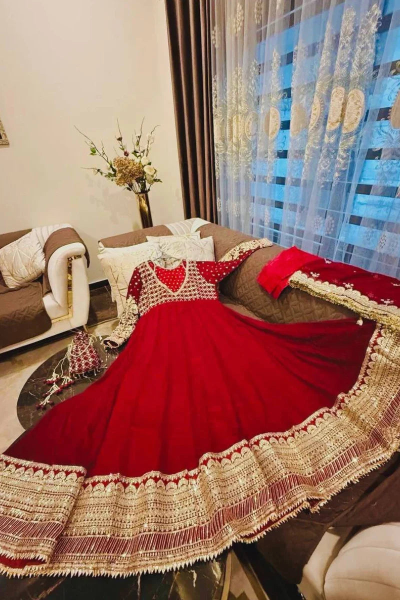 Red Embroidered Georgette Anarkali Suit with Dupatta
